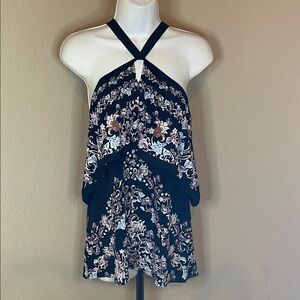 White House Black Market Black and White Floral Halter Blouse